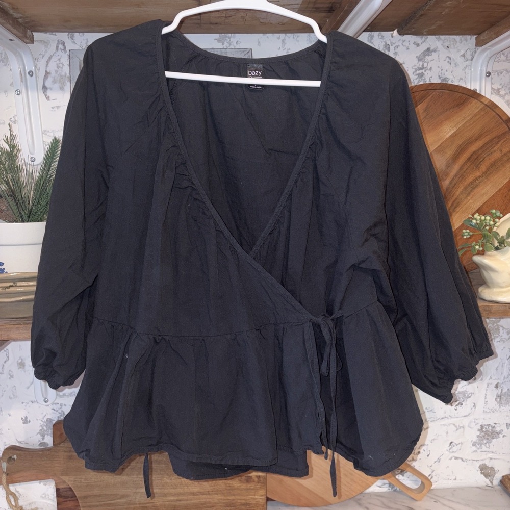 100% Cotton Women's Cottagecore Puff Sleeve Wrap Black Shirt Top Blouse Size L